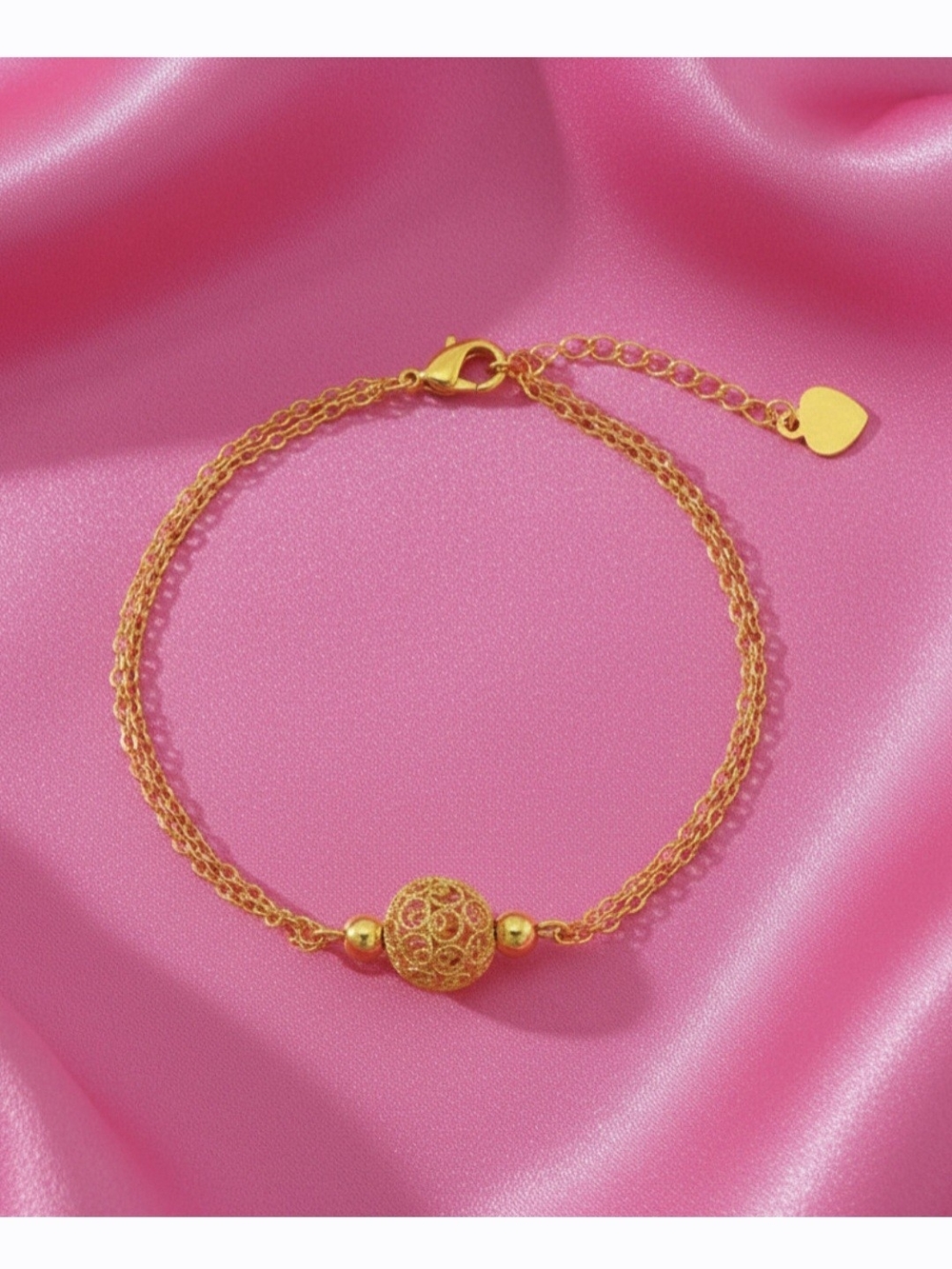 18K Gold-plated Filigree‎ Bead Double Chain Bracelet - Women Jewelry- NEW